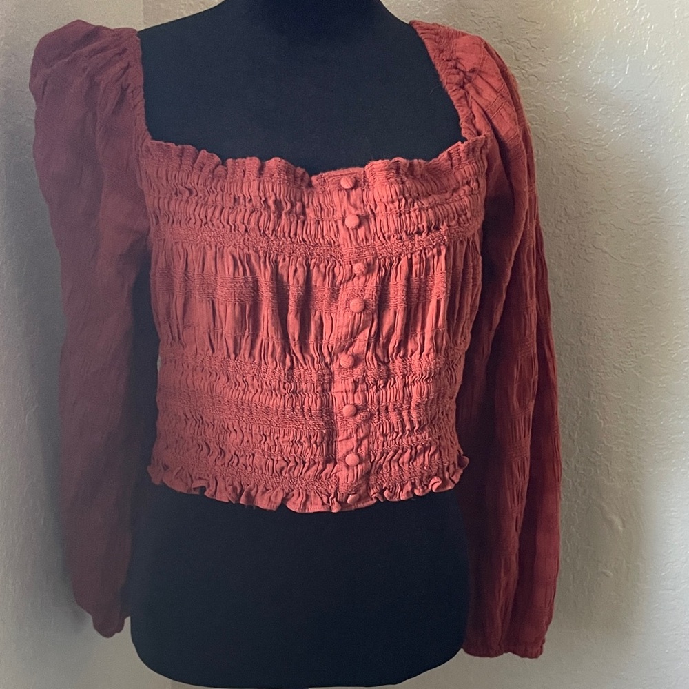 Gianni Bini Women's Smocked Rust Puff Sleeve Top Blouse XLFall